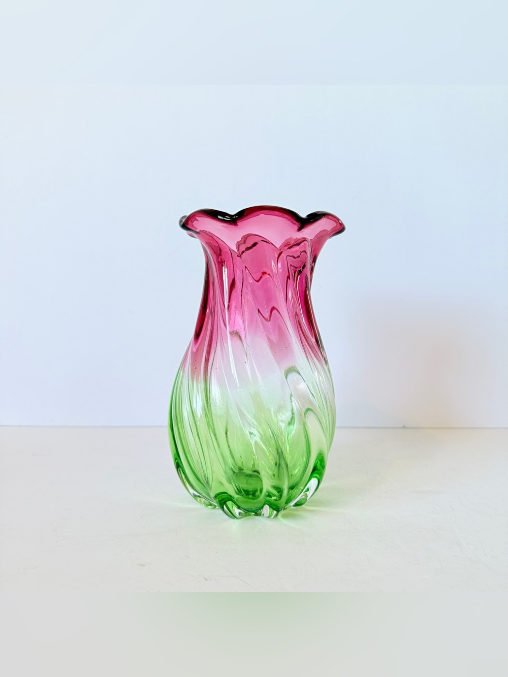 Vintage Teleflora Watermelon Swirl Hand Blown Art Glass Vase Ruffled